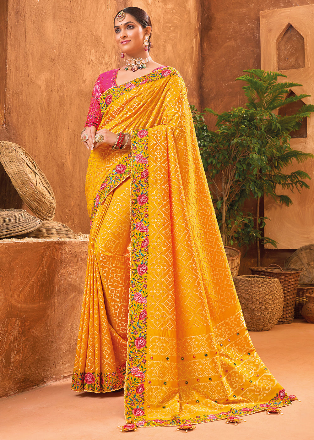 Saffron Yellow Banarasi Silk Saree with Cut-Dana,Mirror & Kachhi work