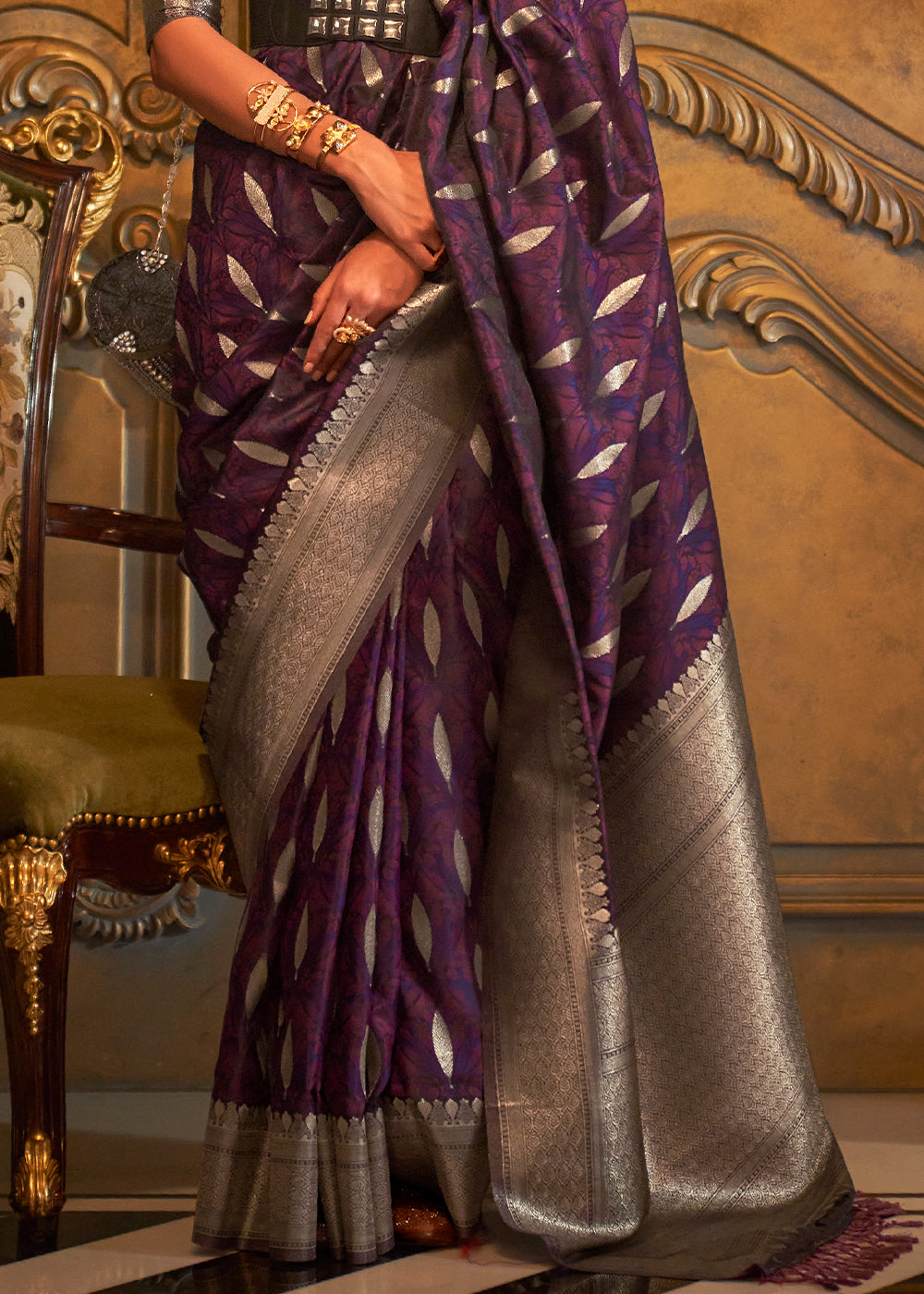 Irish Purple Handloom Woven Satin Silk Saree