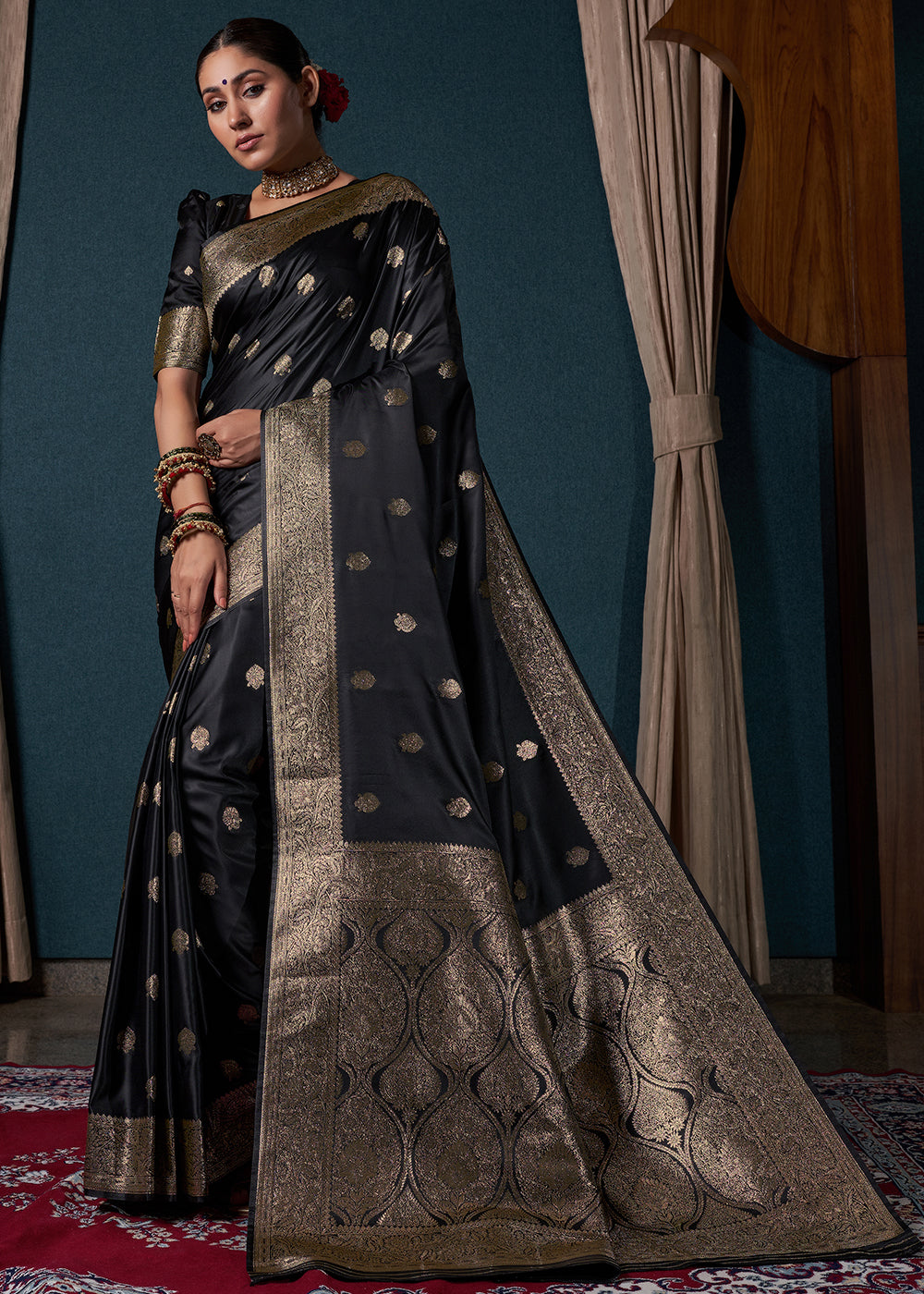 Sable Black Zari Woven Satin Silk Saree