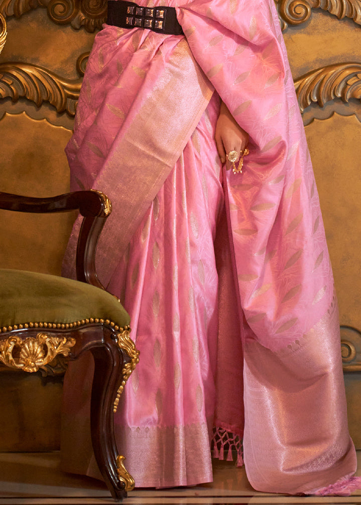 Creamy Pink Handloom Woven Satin Silk Saree