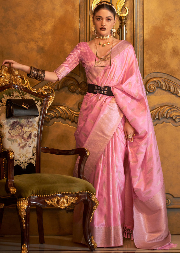 Creamy Pink Handloom Woven Satin Silk Saree