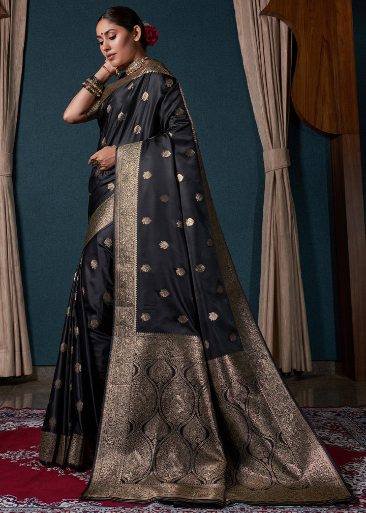 Sable Black Zari Woven Satin Silk Saree