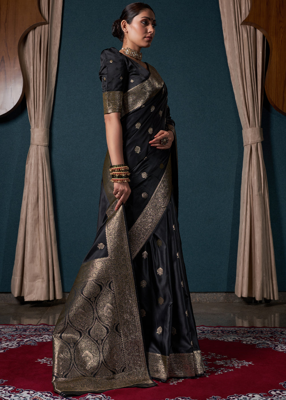 Sable Black Zari Woven Satin Silk Saree