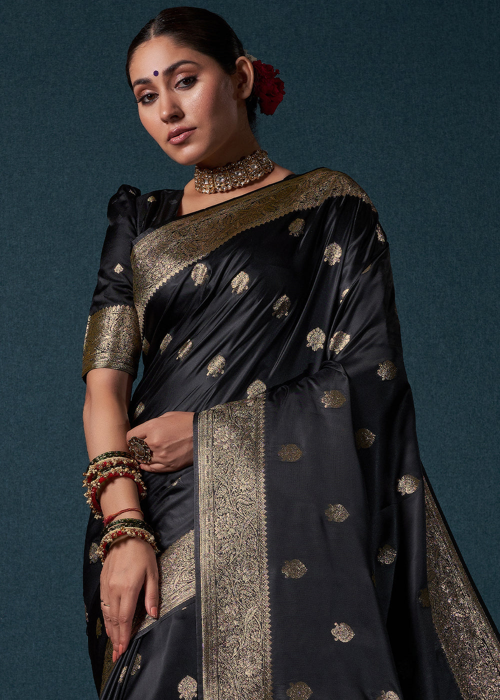 Sable Black Zari Woven Satin Silk Saree