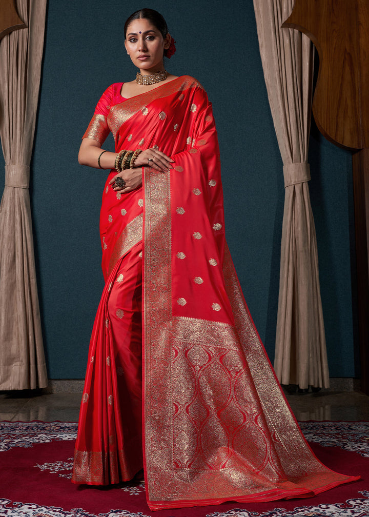 Candy Apple Red Zari Woven Satin Silk Saree