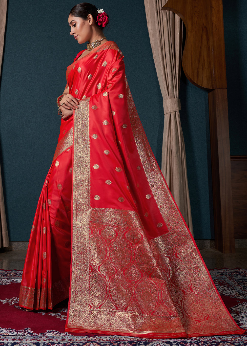 Candy Apple Red Zari Woven Satin Silk Saree