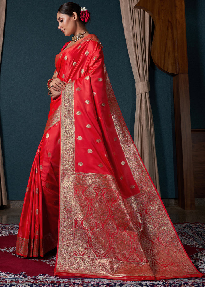 Candy Apple Red Zari Woven Satin Silk Saree