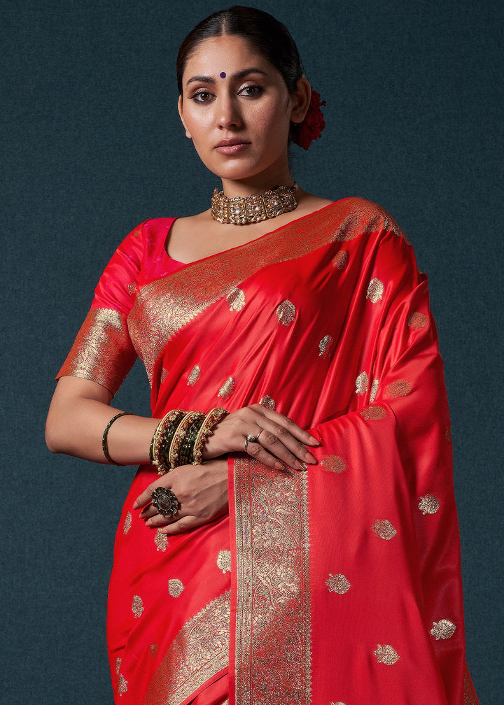 Candy Apple Red Zari Woven Satin Silk Saree