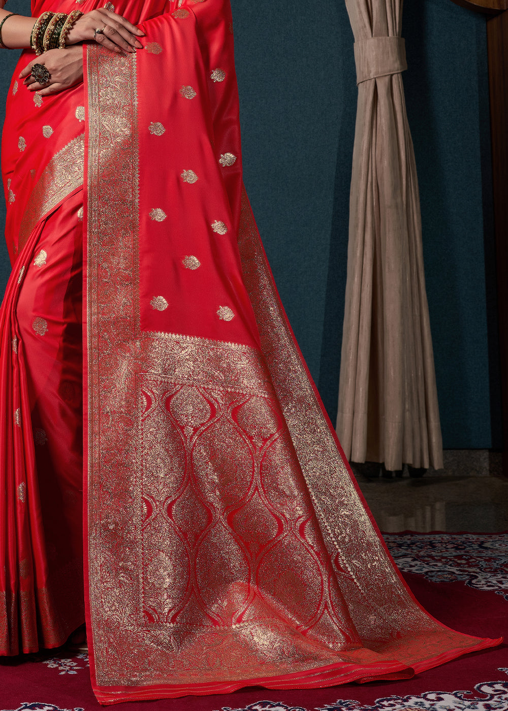 Candy Apple Red Zari Woven Satin Silk Saree