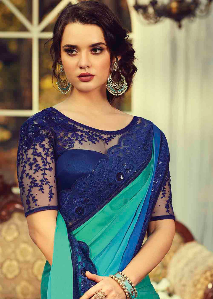 Shades Of Blue Designer Embroidered Silk Saree with Sequence work