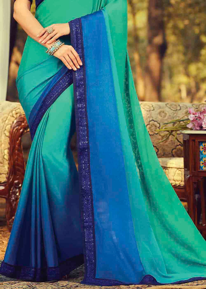 Shades Of Blue Designer Embroidered Silk Saree with Sequence work