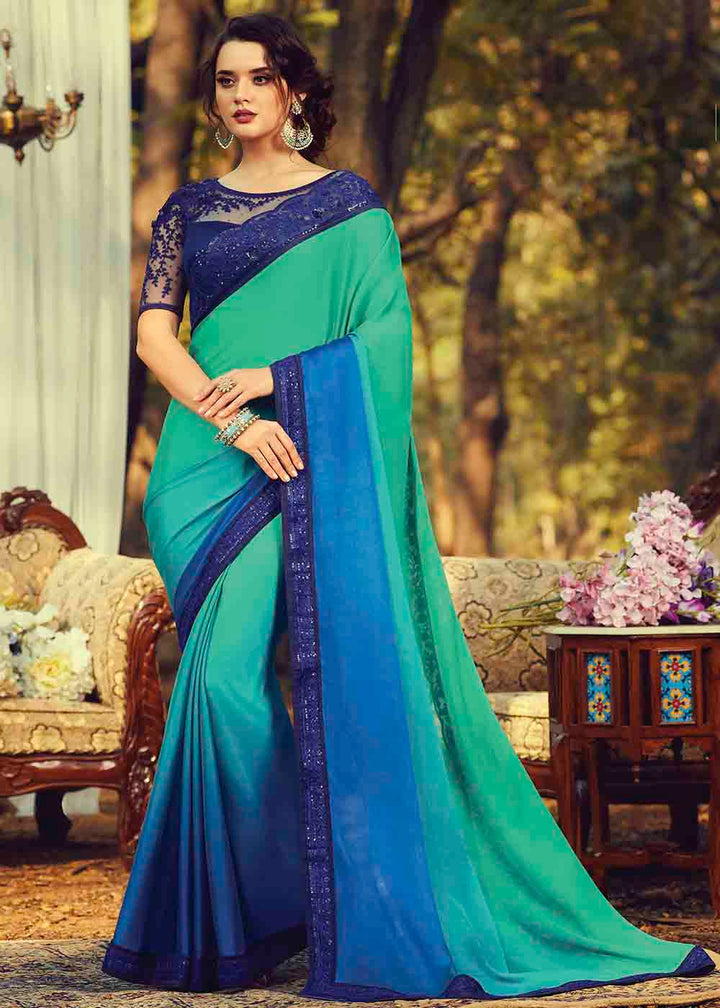 Shades Of Blue Designer Embroidered Silk Saree with Sequence work