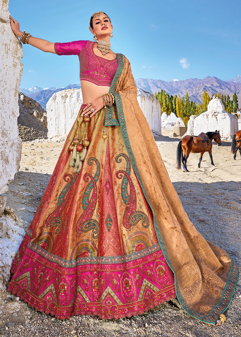 Pink & Brown Banarasi Jacquard Silk Lehengas with Cut Work & Hand Work Embroidery