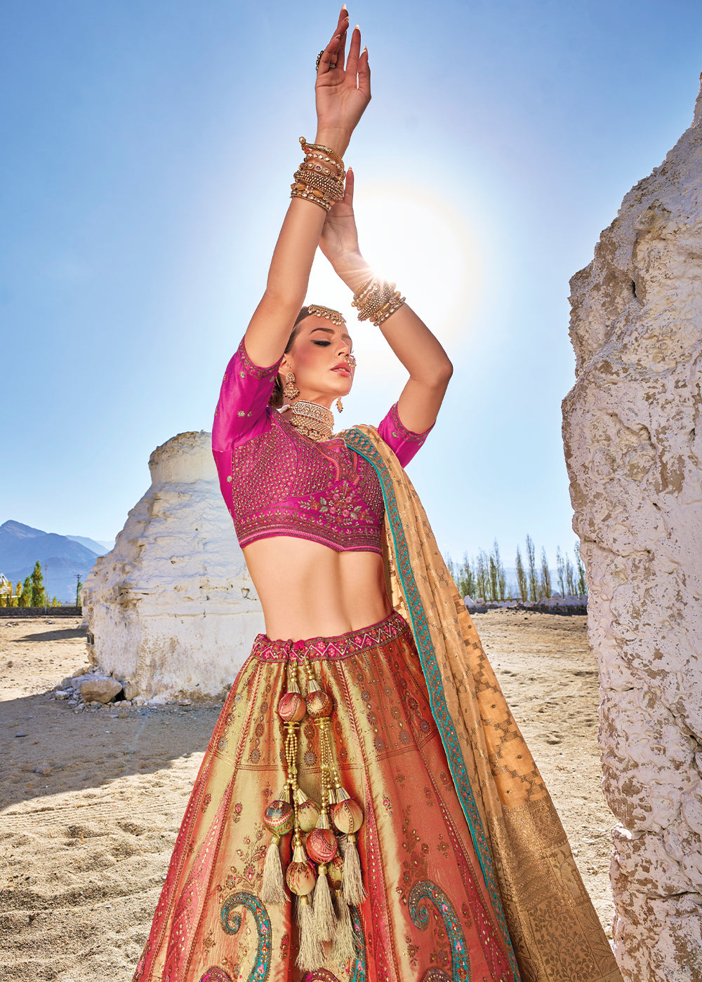 Pink & Brown Banarasi Jacquard Silk Lehengas with Cut Work & Hand Work Embroidery