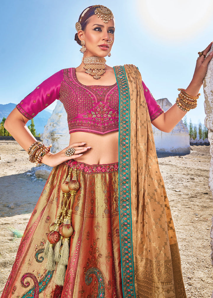 Pink & Brown Banarasi Jacquard Silk Lehengas with Cut Work & Hand Work Embroidery