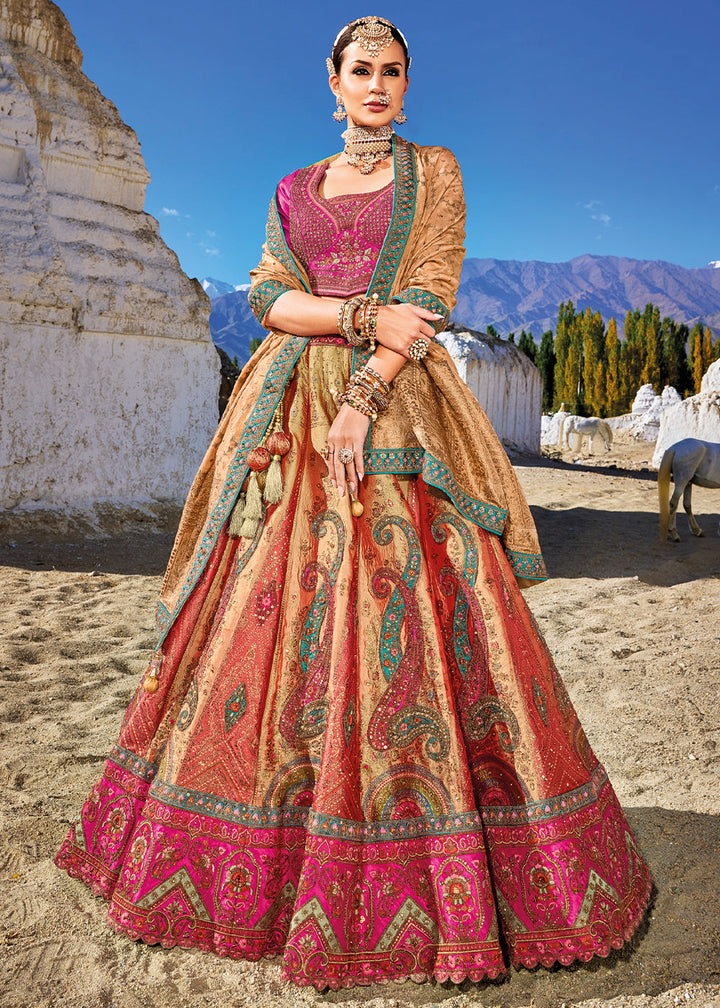 Pink & Brown Banarasi Jacquard Silk Lehengas with Cut Work & Hand Work Embroidery