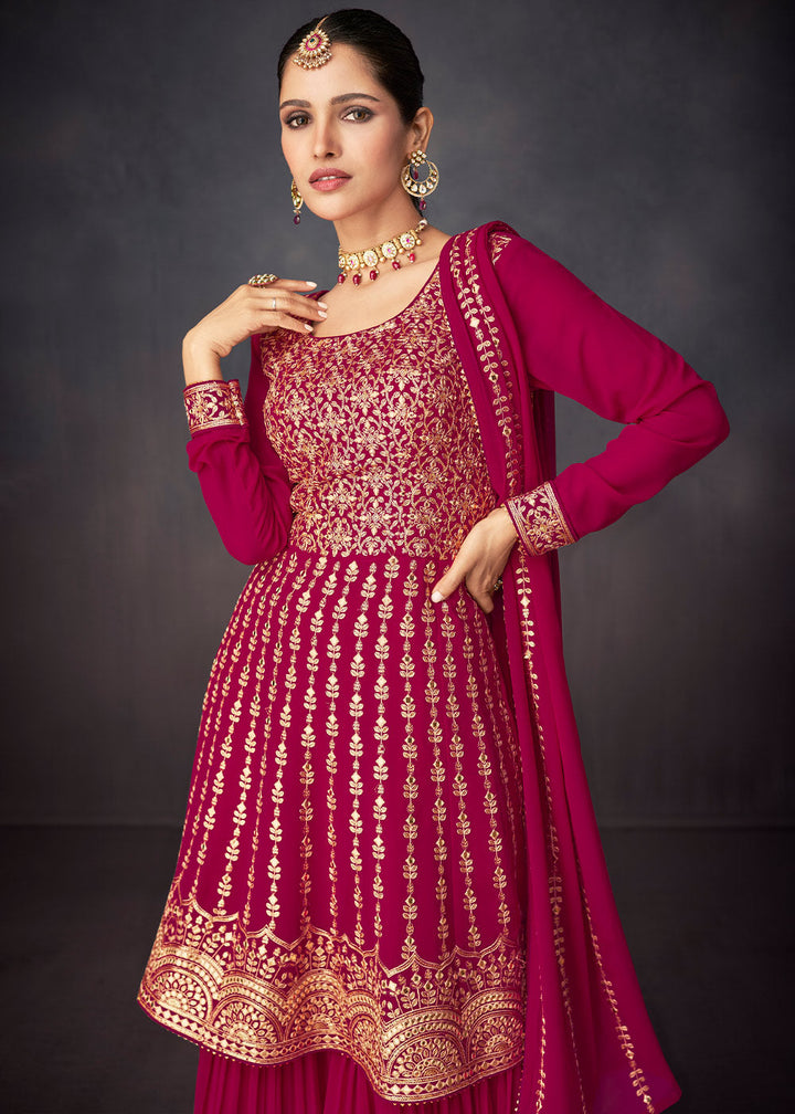 Magenta Pink Embroidered Georgette Plazzo Suit