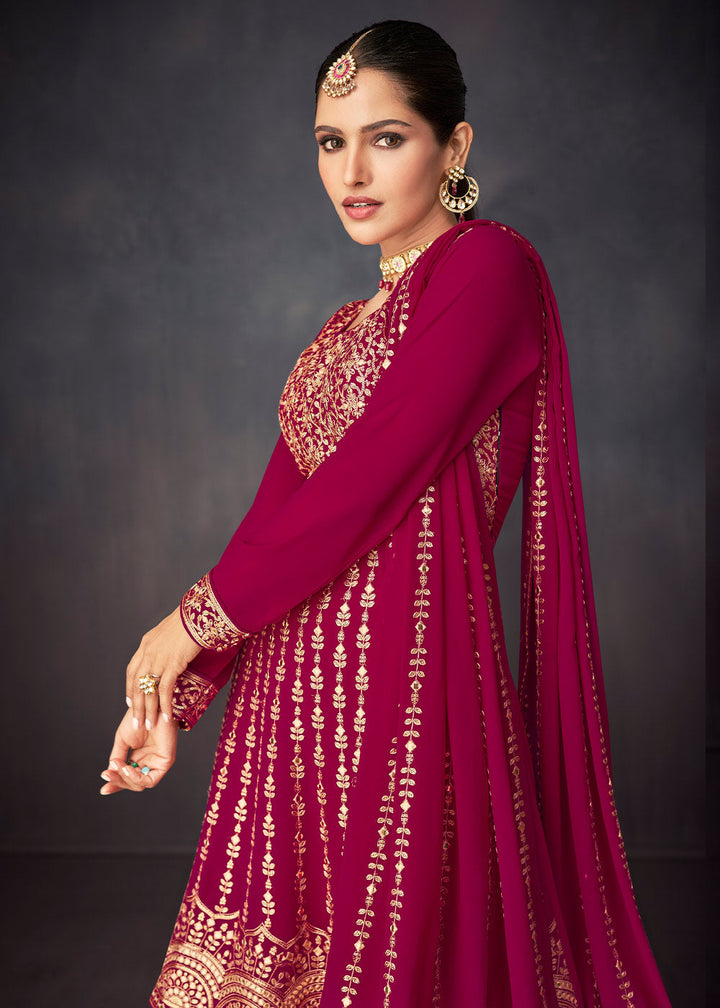 Magenta Pink Embroidered Georgette Plazzo Suit