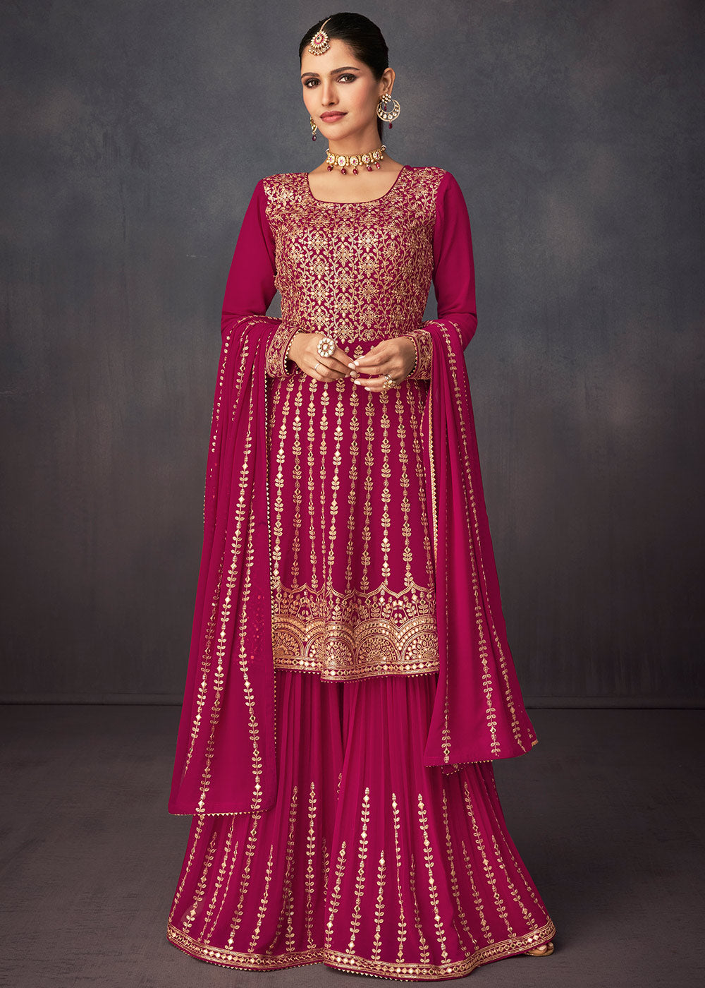 Magenta Pink Embroidered Georgette Plazzo Suit