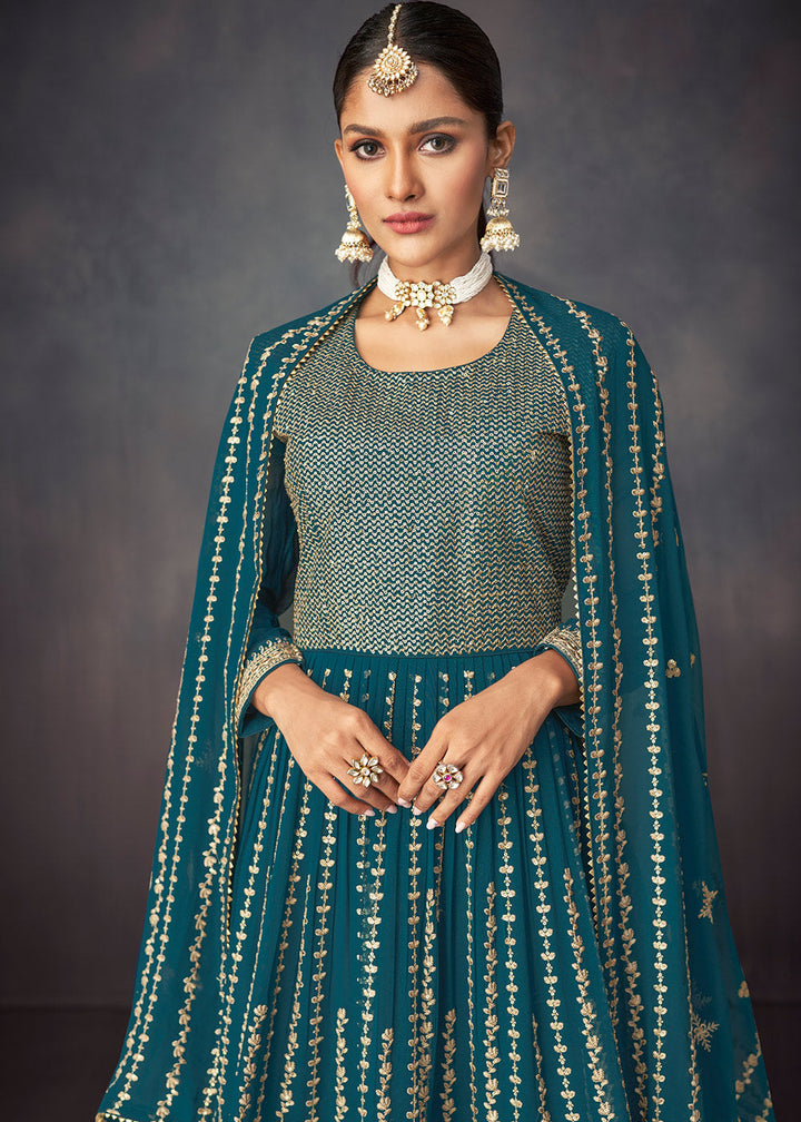 Prussian Blue Embroidered Georgette Plazzo Suit