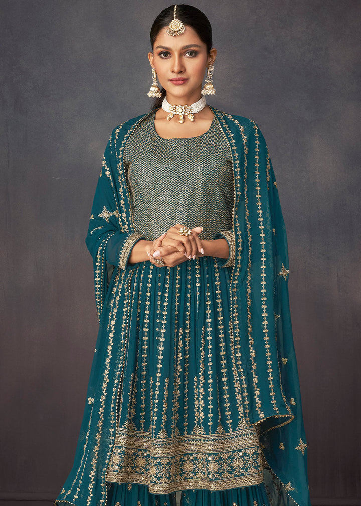 Prussian Blue Embroidered Georgette Plazzo Suit