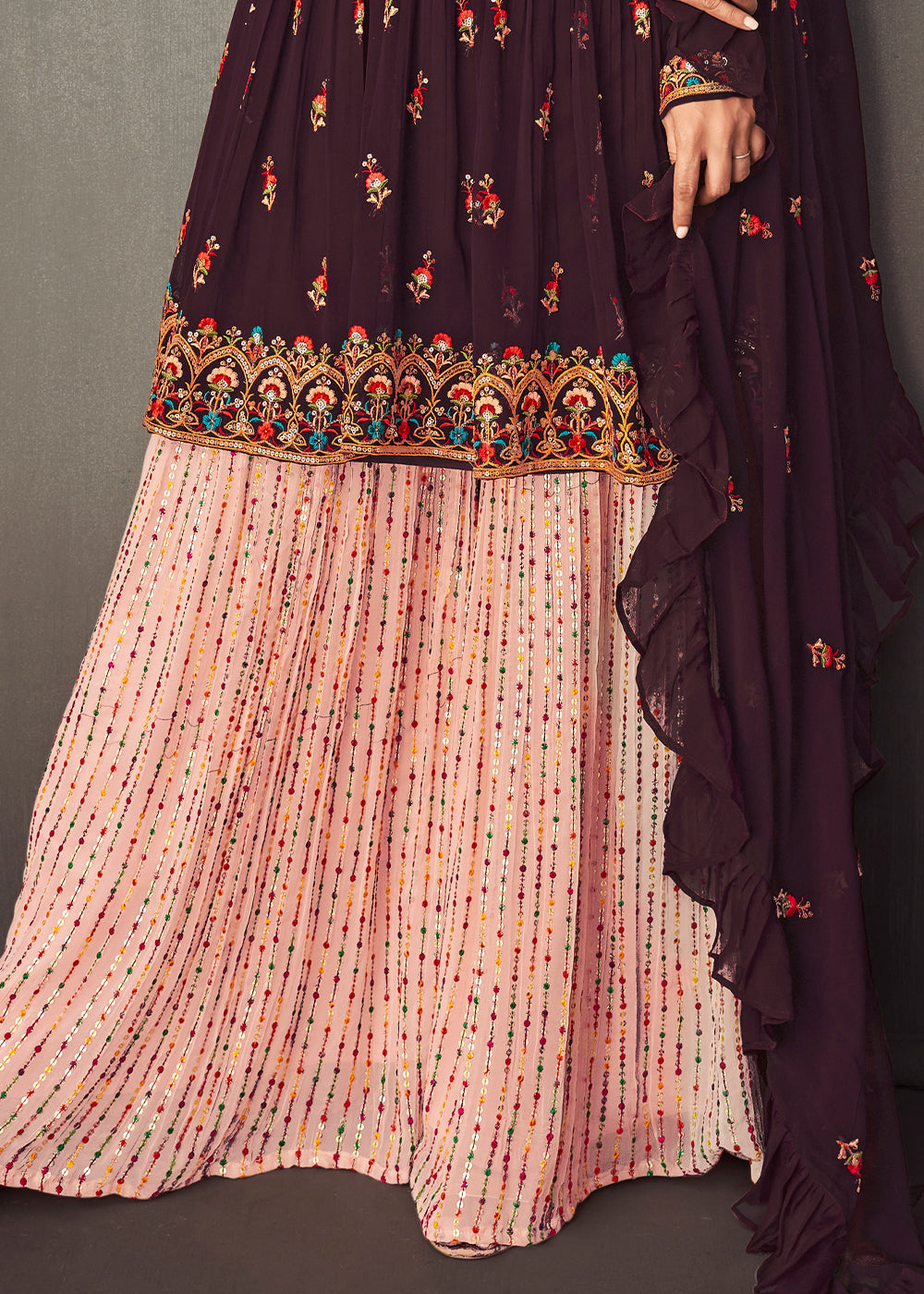 Purple & Pink Georgette Embroidered Lehenga Suit