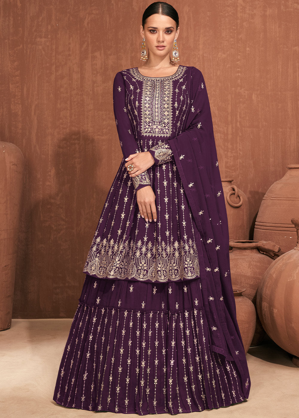 Wine Purple Georgette Embroidered Lehenga Suit