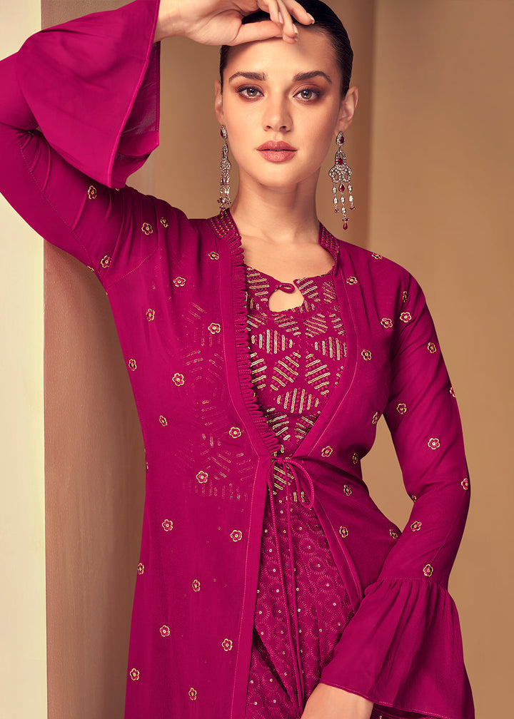 Barbie Pink Georgette Designer Embroidered Suit with Long Jacket