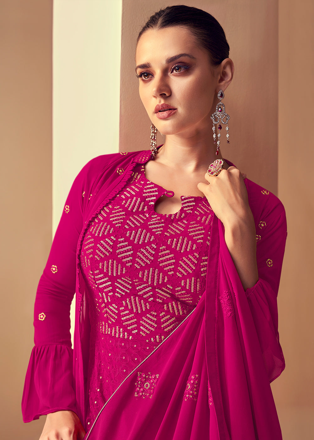 Barbie Pink Georgette Designer Embroidered Suit with Long Jacket