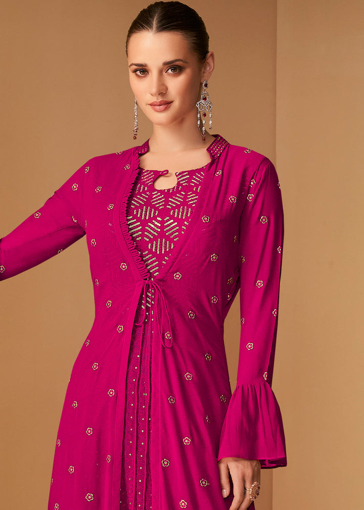 Barbie Pink Georgette Designer Embroidered Suit with Long Jacket