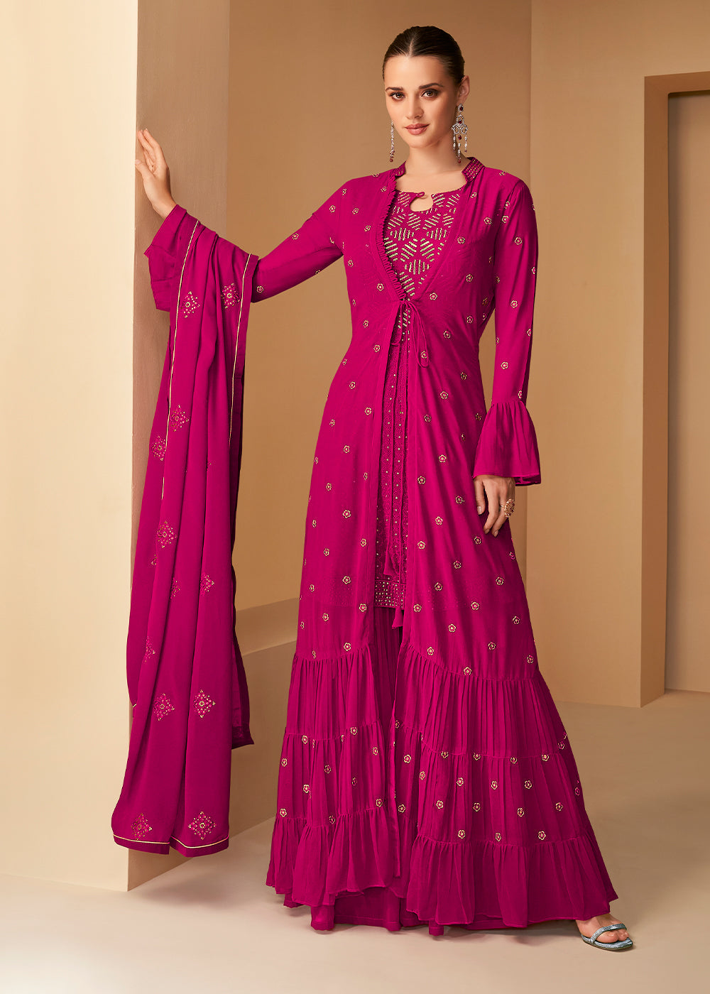 Barbie Pink Georgette Designer Embroidered Suit with Long Jacket