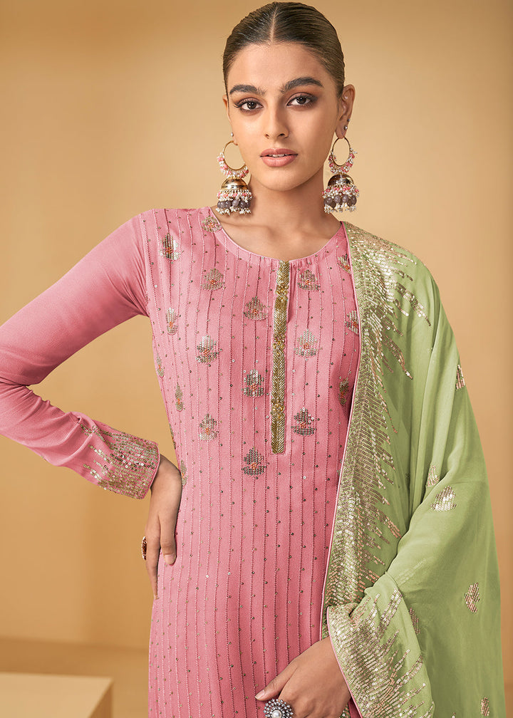 Carnation Pink Georgette Plazzo Suit with Sequence work & Contrast Dupatta