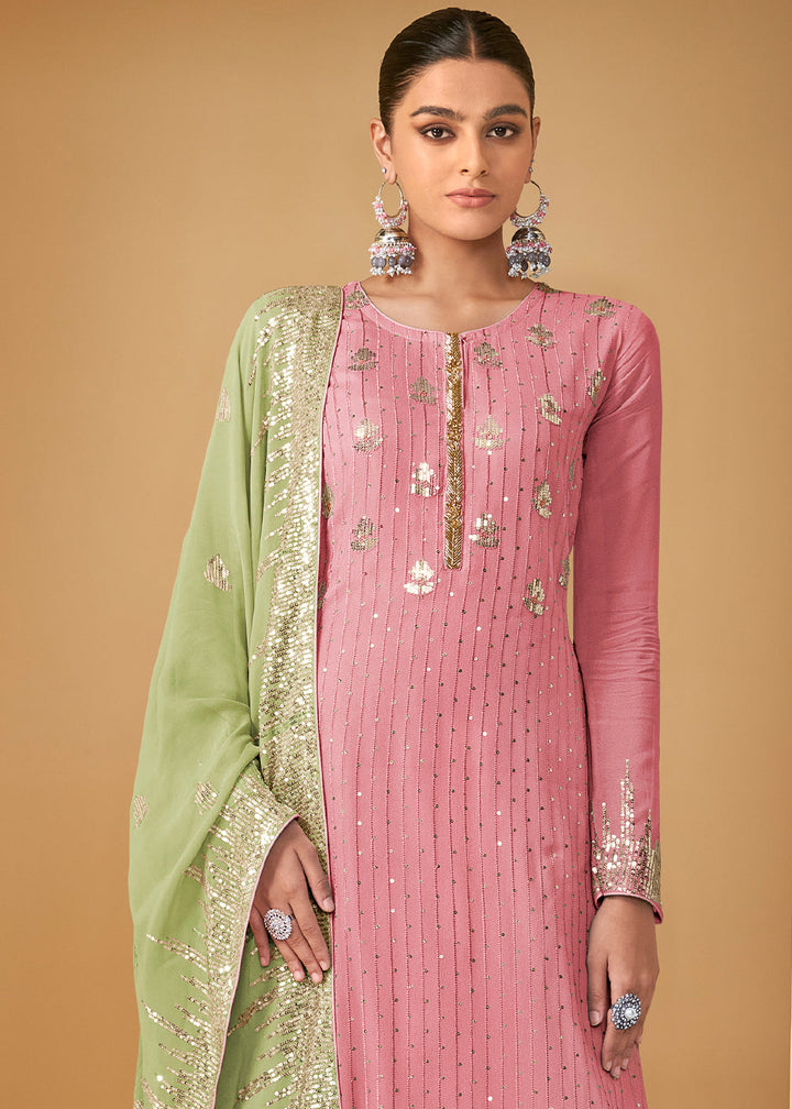 Carnation Pink Georgette Plazzo Suit with Sequence work & Contrast Dupatta