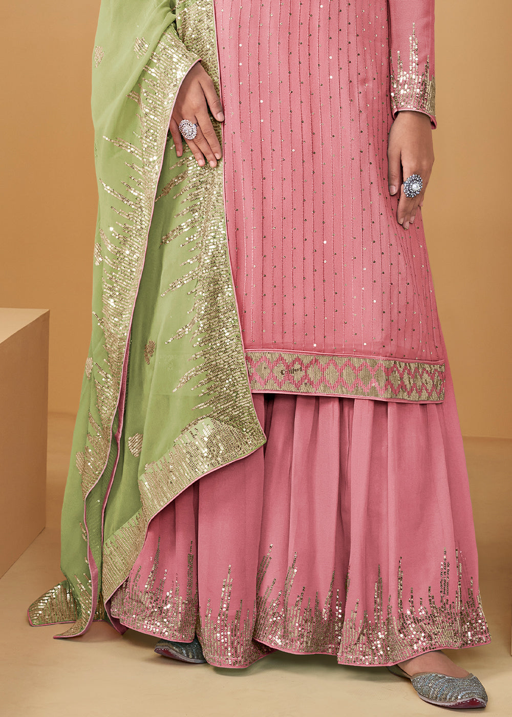 Carnation Pink Georgette Plazzo Suit with Sequence work & Contrast Dupatta