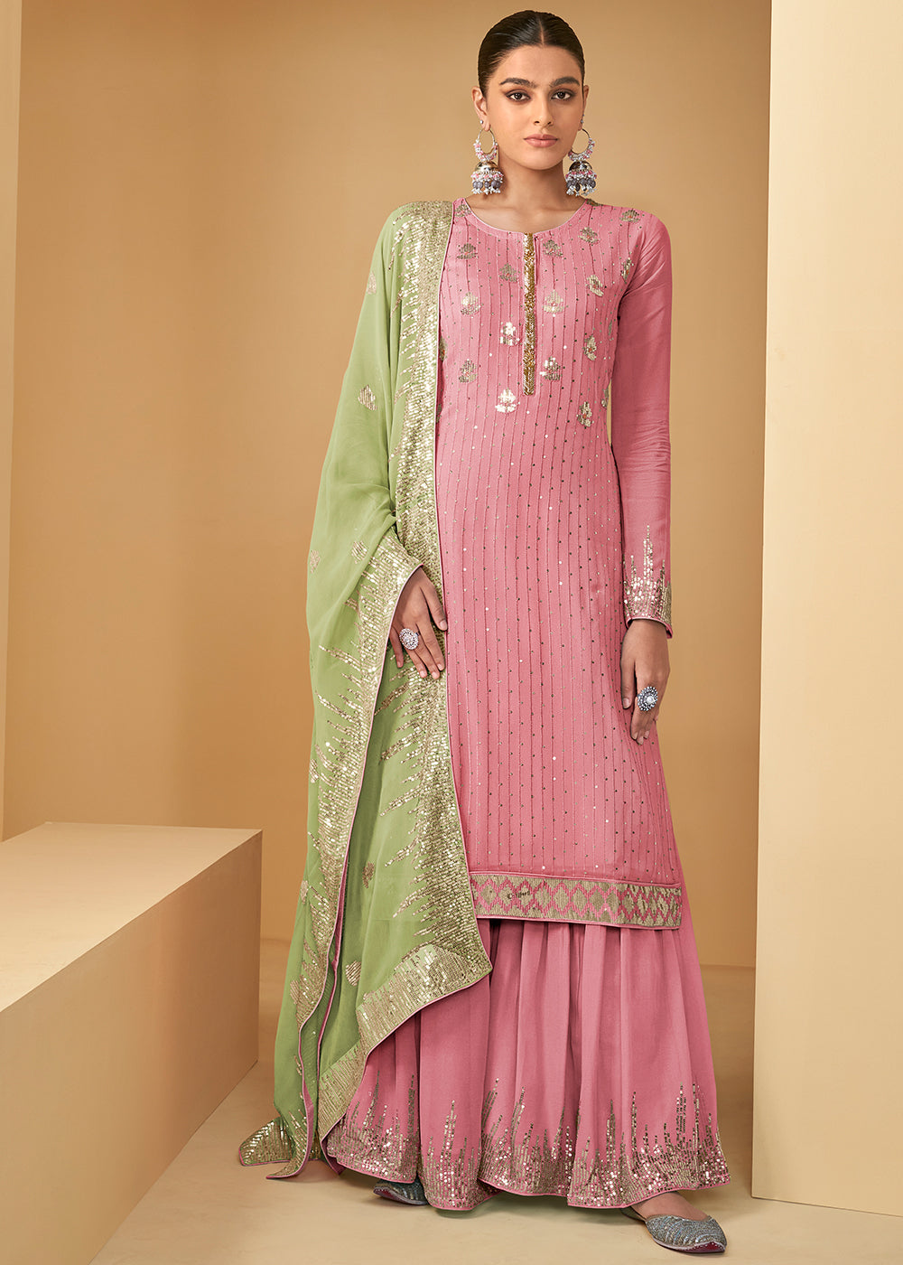 Carnation Pink Georgette Plazzo Suit with Sequence work & Contrast Dupatta