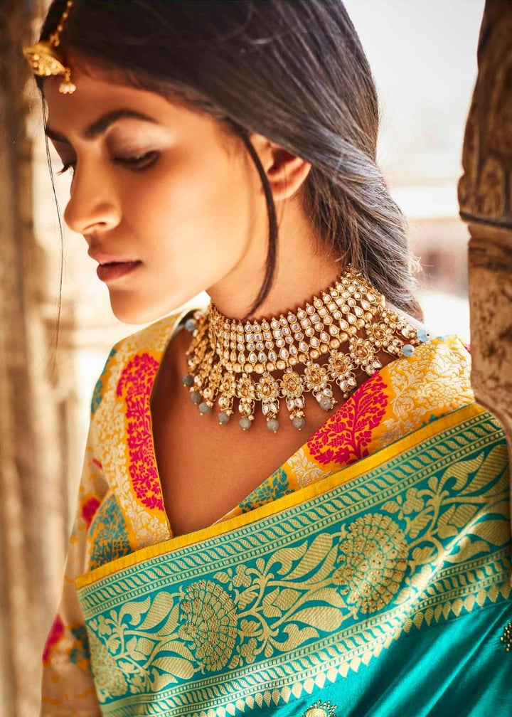 Cerulean Blue Woven Silk Saree with Designer Blouse