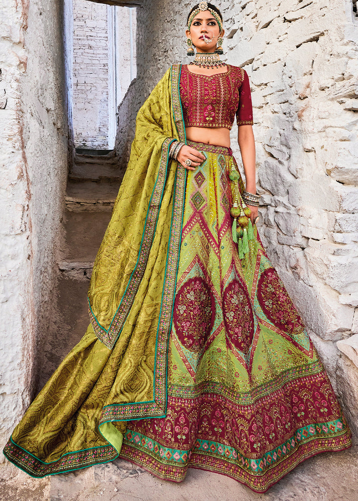 Shades Of Green Banarasi Jacquard Silk Lehenga with Cut Work & Hand Work Embroidery