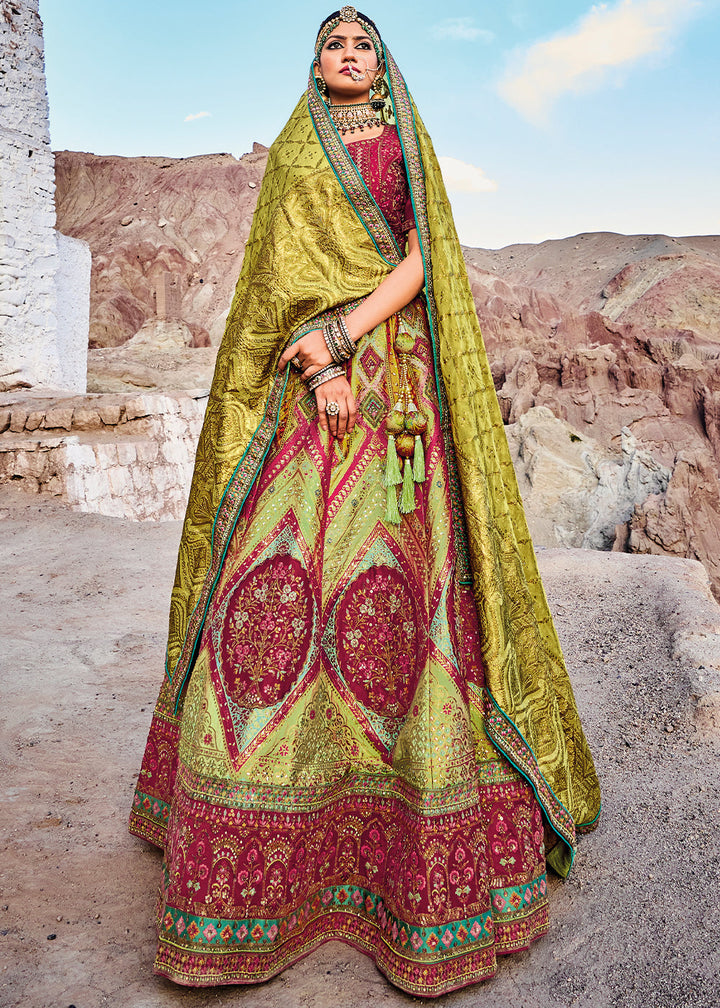 Shades Of Green Banarasi Jacquard Silk Lehenga with Cut Work & Hand Work Embroidery