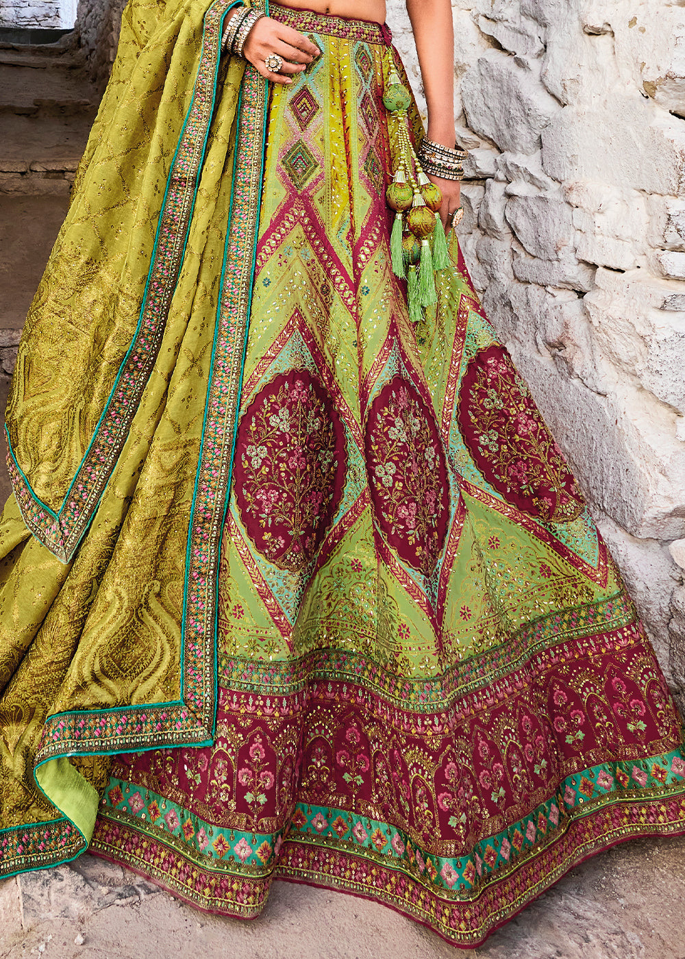 Shades Of Green Banarasi Jacquard Silk Lehenga with Cut Work & Hand Work Embroidery