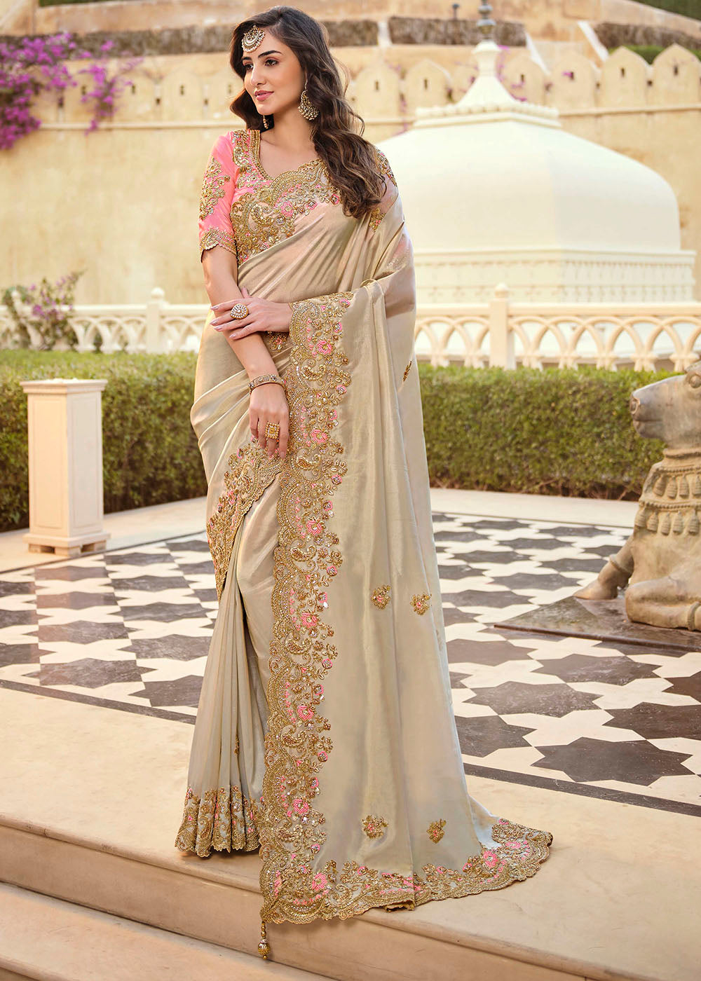 Oat Brown Designer Satin Georgette Saree with Embroidery work