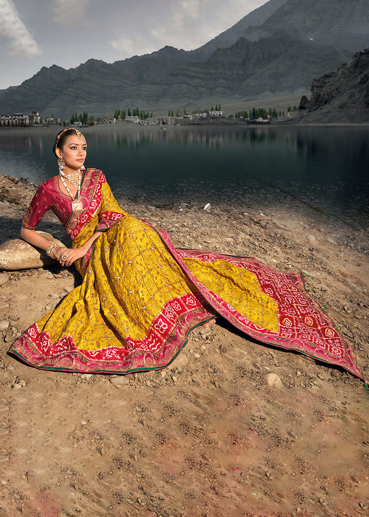 Mustard Yellow Bandhej Satin Silk Saree with Mirror,Moti & Cut-Dana Work