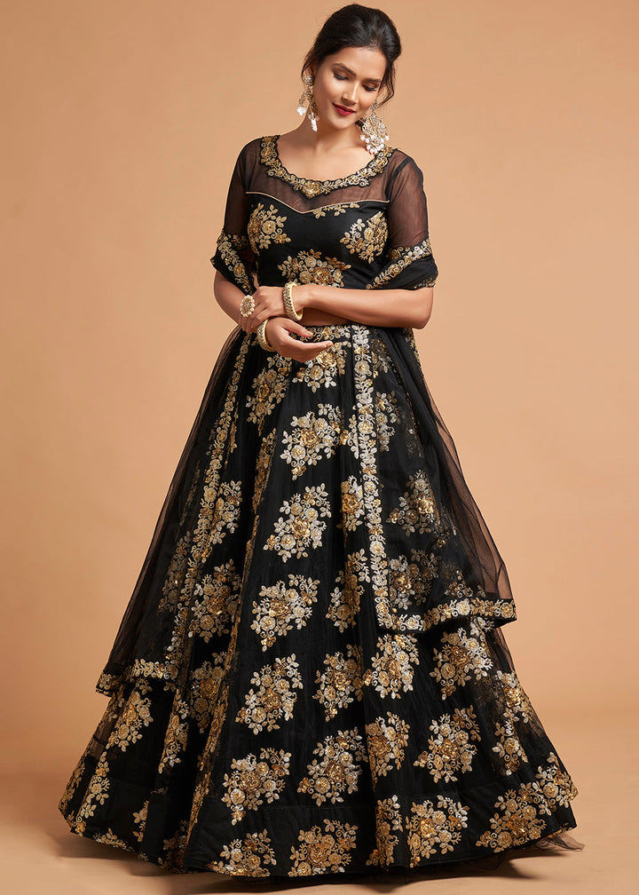 Onyx Black Designer Soft Net Lehenga Choli with Zari & Sequins work