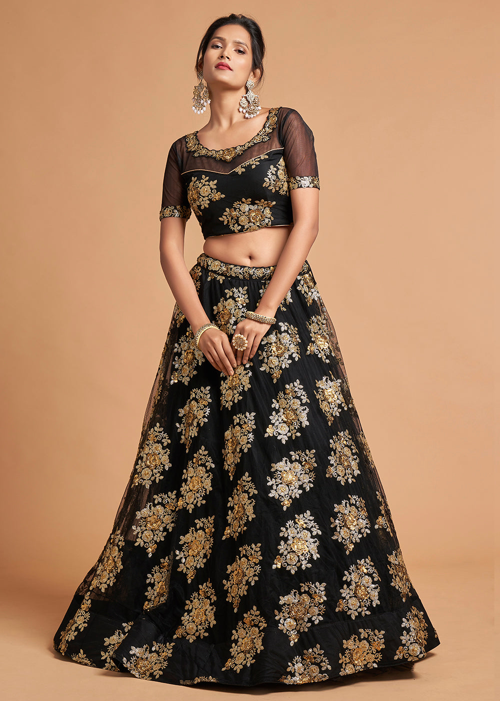 Onyx Black Designer Soft Net Lehenga Choli with Zari & Sequins work