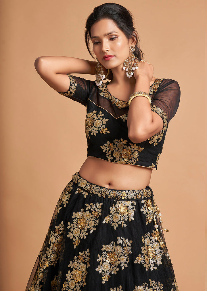 Onyx Black Designer Soft Net Lehenga Choli with Zari & Sequins work