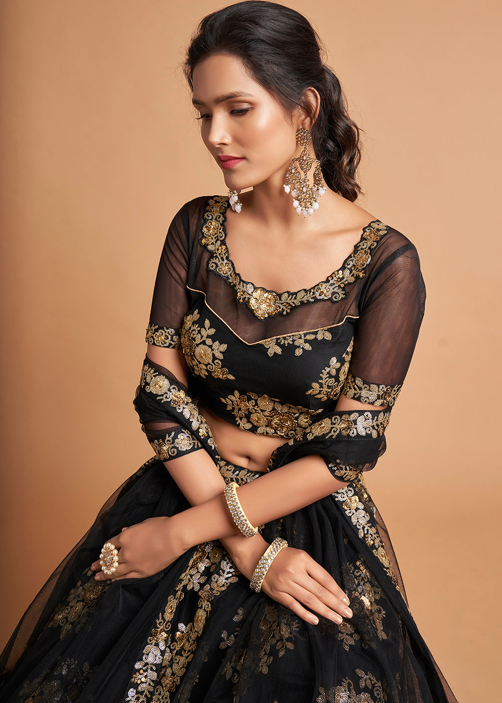 Onyx Black Designer Soft Net Lehenga Choli with Zari & Sequins work