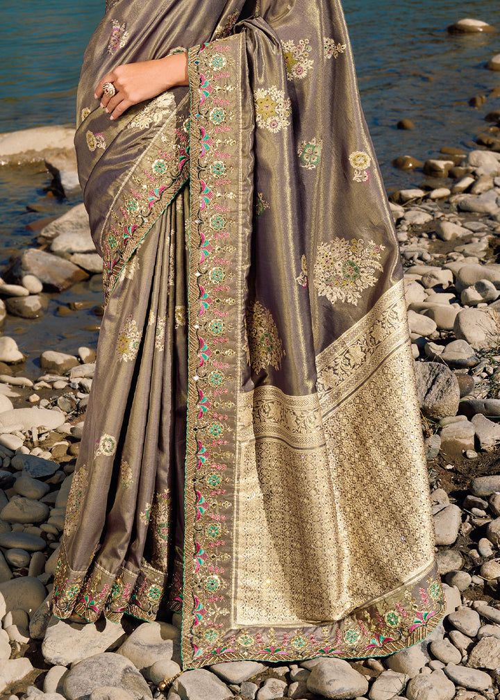 Mink Grey Zari Woven Banarasi Silk Saree with Mirror, Moti & Cut Dana work