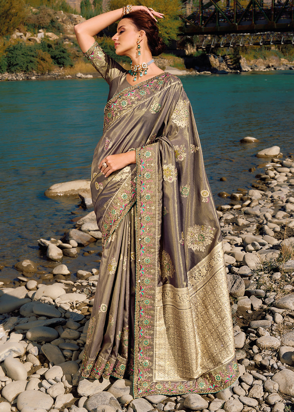 Mink Grey Zari Woven Banarasi Silk Saree with Mirror, Moti & Cut Dana work