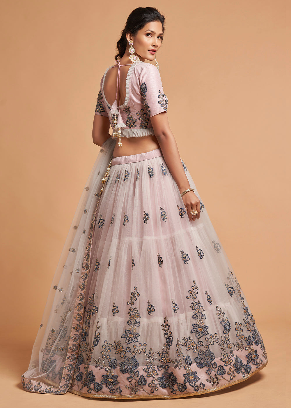 Pinkish Grey Designer Soft Net Lehenga Choli with Thread, Dori, Zari & Sequins work