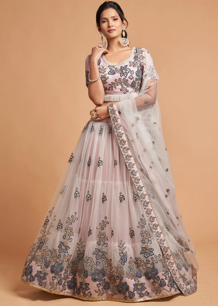 Pinkish Grey Designer Soft Net Lehenga Choli with Thread, Dori, Zari & Sequins work