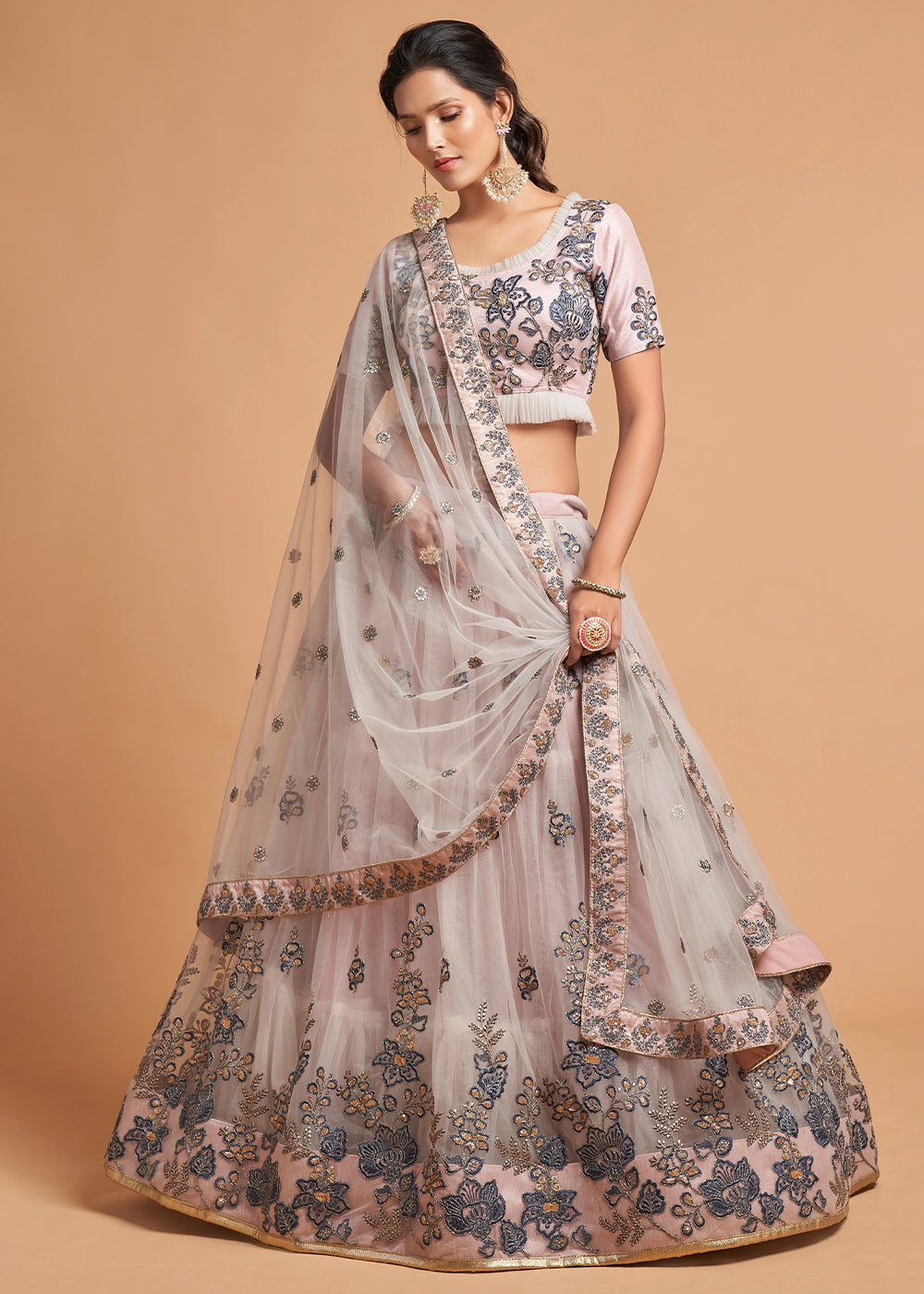 Pinkish Grey Designer Soft Net Lehenga Choli with Thread, Dori, Zari & Sequins work